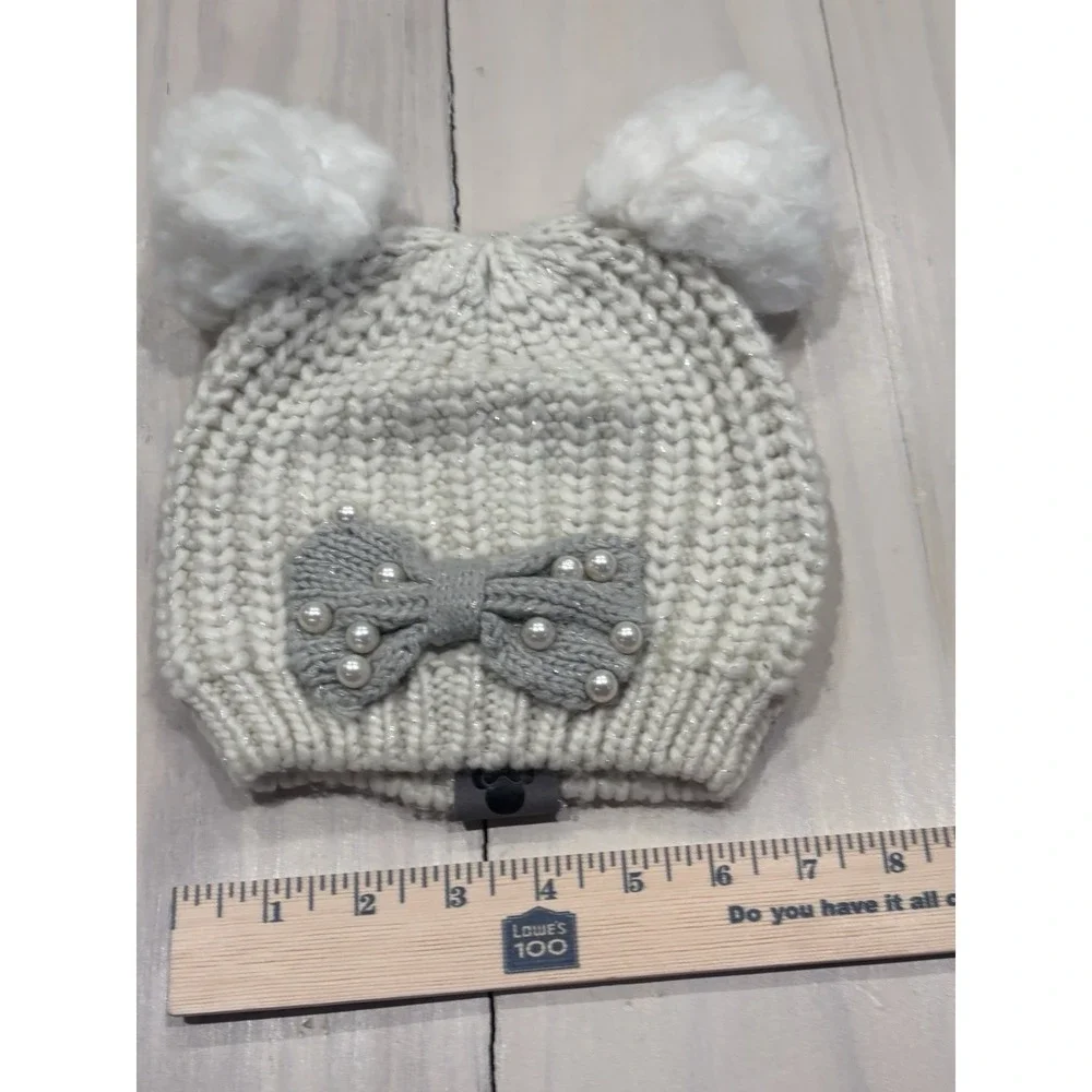 Disney Parks Adult Cream Knit Beanie Hat‎ Faux Fur Pom Poms Bow One Size